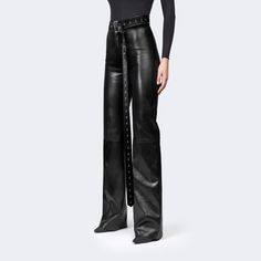 Classic Fly-Front Leather Pant with a removable eternity belt for the ultimate fashion statement +details Heavyweight spandex backed stretch Roxy lambskin leather Fly-Front zippers Closure Infinity belt secured with two back belt loops Fitted at hips, full straight leg Bonded Hem +size/fit Fits small, take size up Model wears size S Size Chart below indicates flat-lay garment measurements Leather has minimal stretch to it, allow for up to 1" growth for all flat-lay width measurements Custom Leather Jackets, Back Stretches, Leather Pant, Leather Lounge, Custom Leather, Lambskin Leather, Straight Leg Pants, Roxy, Flat Lay