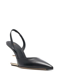 100mm sculpted-heel leather pumps from FENDI featuring jet black, calf leather, gold-tone hardware, pointed toe, slingback strap, branded leather insole and high sculpted heel. This item is in size 36 and the color is Black Fendi First, Elegant Black Dress, Black Dress Shoes, Slingback Shoes, Leather Cap, Dress Shoes Womens, Confident Woman, Slingback Pump, Handbag Shopping