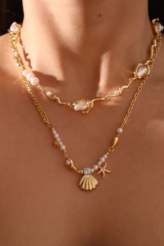 18K Real Gold Plated Sea Shell Pearls Necklace – Cutethingscommin Bold Gold Jewelry Aesthetic, Shell Necklace Aesthetic, White Pearls Necklace, خواتم خطوبة, Coastal Jewelry, Surf Jewelry, Sea Necklace, Accessories Aesthetic