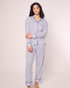 These elegant pajamas were made with a traditional French ticking design. This classic pattern is here to stay, with no frills just clean, crisp lines. The quintessential, timeless pajama silhouette that always feels fresh: supple elastic waist, single piping detail at collar, breast pocket, and pajama pant cuff and practical pockets. As effortless and comfortable as luxury sleepwear gets. Now available in Plus sizes. For thousands of years, Pima cotton has been considered royalty in the realm o Classic Relaxed Fit Sets For Daywear, Classic Sleep Sets With Relaxed Fit, Classic Fitted Sleepwear For Loungewear, Classic Relaxed Fit Pajama Party Sets, Classic Relaxed Fit Sets For Pajama Party, Classic Cotton Loungewear Set, Classic Long Sleeve Sleep Sets, Classic White Relaxed Fit Sleepwear, Classic Relaxed Fit Sets For Home