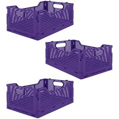 two purple plastic crates sitting next to each other