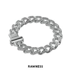 Introducing the latest and greatest addition to the Rawness jewelry collection: the Cuban Chain Iced Out Full Diamond Bracelet. This stunning piece is crafted from high-quality white gold plating and boasts a 12mm wide Cuban chain design.Featuring a full diamond design, this bracelet is iced out with dazzling, sparkling diamonds that will catch the light and make you shine. The diamonds are expertly set to ensure maximum sparkle and shine, making this bracelet a true showstopper.This bracelet is Adjustable Silver Cuban Link Metal Bracelet, Luxury Silver Cuban Link Chain Bracelet, Luxury Silver Metal Cuban Link Bracelet, Elegant White Gold Cuban Link Bracelet In Stainless Steel, Luxury Silver Bracelets With Curb Chain, Silver Cuban Link Bracelet With Chunky Chain, Diamond Chain Link Bracelets, Classic Silver Chain Bracelets, Luxury Silver Bracelet With Curb Chain