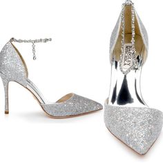 Badgley Mischka Collection Tierra D'orsay Pointed Size 8 Great Condition Worn Once For A Wedding! Glitter-Encrusted Upper And Jeweled Ankle Chain Amp Up The Glam Appeal Of A Pointed-Toe Pump Styled With An Asymmetric Topline And Stiletto Heel. 4" Heel Cushioned Insole Textile Upper/Synthetic And Textile Lining/Leather Sole Wedding Glitter, Pointed Pumps, Badgley Mischka Shoes, Ankle Chain, Badgley Mischka, Stiletto Heel, Shoes Women Heels, Stiletto Heels, A Wedding