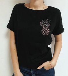 Pineapple fruit print holiday t-shirt, Hand embroidered black women's cute t-shirt, gift for her, Ch Black Embroidered T-shirt For Summer, Casual T-shirt With Floral Embroidery For Gift, Black Embroidered Summer T-shirt, Black T-shirt With Floral Embroidery For Summer, Black Floral Embroidery T-shirt For Summer, Black Floral Embroidered T-shirt For Summer, Trendy Black T-shirt For Gift, Pineapple Embroidery, Nike Air Women