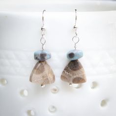 Add some natural elegance to your look with these wonderful Petoskey stone and Leland blue earrings.  Both stones are from Northern Michigan so these make a great reminder of time spent "Up North."  The unusual triangular shape of the Petoskey stone and the contrast of the Leland Blue make these especially striking.  They are long enough to be eye-catching and have a nice swing to them, yet light and comfortable to wear.  They are equally suitable with a tank top and flip flops or a dress and heels.   These earrings are about 1.6 inches long from the top of the ear-wire to the silver bead at the bottom.   These are made using only sterling silver.    Petoskey stones are a fossilized coral most often found in Lake Michigan.  The vast majority are found in the Little Traverse Bay region of L Petoskey Stone Jewelry, Multiple Earrings, Fossilized Coral, Petoskey Stone, Earring Ideas, Up North, Northern Michigan, Silver Bead, Lake Michigan