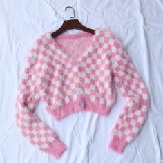 Pink Checkerboard, Kawaii Birthday, Enid Sinclair, Fur Cardigan, Knit Wear, Plaid Cardigan, Fuzzy Cardigan, Plaid Sweater, Pink Knit