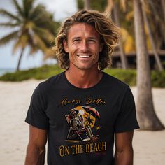 Relax in style with our unisex T-shirt, made from 100% Airlume ring-spun cotton (heather options feature a soft cotton/poly blend). This unique tee features a faded, worn-look graphic of a laid-back skeleton sipping a tropical drink in a beach chair, alongside the slogan "Always Better on a Beach." Perfect for those who embrace a carefree attitude and love the beach life, this T-shirt combines comfort, and a relaxed vibe. Whether you're having deck drinks, hitting the shore or just dreaming of s Beach Holiday Cotton T-shirt, Beach Season Holiday Cotton T-shirt, Cotton T-shirt For Beach Holiday, Summer Holiday Cotton T-shirt, Summer Cotton T-shirt For Holiday, Bonfire Parties, Beach Drinking, Bonfire Party, Beach Bonfire