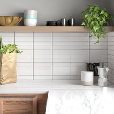 a white tiled kitchen with wooden cabinets and counter tops, potted plants in a paper bag on the shelf