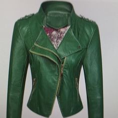 Designer Faux Leather Zip-Up Racer Jacket. Beautiful Casual Design For Any Outfit. Color: Green Size: S Green Winter Biker Jacket With Zipper Closure, Green Winter Biker Jacket With Zipper, Winter Green Biker Jacket With Zipper Closure, Trendy Green Leather Jacket For Fall, Trendy Green Leather Winter Jacket, Trendy Green Leather Jacket For Winter, Green Leather Jacket For Work, Chic Green Leather Jacket For Fall, Green Leather Jacket With Zipper For Fall