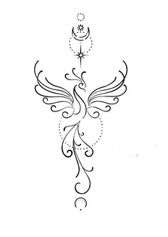 a black and white drawing of a bird with swirls on it's wings