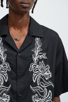 Available In Black, Brown and Cream Fold Down Collar Front Button Closure Embroidered Detail Short Sleeve 100% Cotton Disclaimer: Embroidery Placement Will Vary. Imported | Mens Deering Embroidery Shirt in Black size Medium by Fashion Nova Embroidery Placement, Sweat Women, Embroidery Shirt, Shirt Embroidery, Jeans For Sale, Swim Shorts, Jeans Pants, Clothes For Sale, Black Shirt