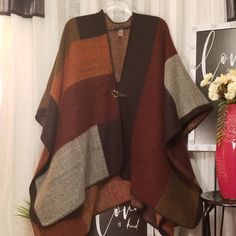 Marc New York Women Poncho One Size 100% Acrylic/ Washable / Tumble Dry Beautiful Multicolor Poncho Clip In The Middle Great For Dress, Casual Or Jean A Must Have For The Season Oversized Brown Poncho For Fall, One-size Brown Cape For Fall, One Size Brown Cape For Fall, One Size Brown Cape Outerwear, Fall Poncho Cape For Cold Weather, Fall Cape Poncho For Cold Weather, Cozy Brown Cape Outerwear, Cozy Brown Cape-style Outerwear, Wool Capelet