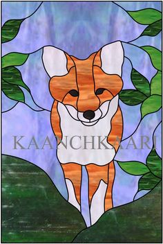 a stained glass picture of a fox in the woods