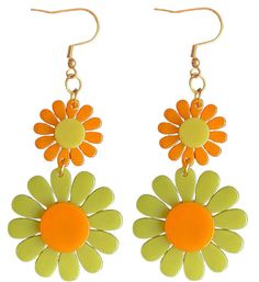 70s Green and Orange Flower Power Groovy Earrings - Relic828 Retro Yellow Flower Jewelry, Retro Yellow Flower-shaped Jewelry, Trendy Green Earrings For Spring, Yellow Flower-shaped Retro Jewelry, Trendy Green Dangle Flower Earrings, Retro Multicolor Flower Earrings For Gift, Trendy Green Flower Earrings, Trendy Green Flower-shaped Earrings, Summer Orange Flower-shaped Jewelry