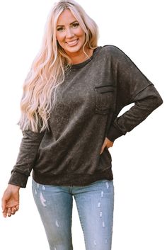 Stay cozy and chic with this acid wash sweatshirt. Featuring a crew neck and long sleeves for added warmth and style, it's made from high-quality material for everyday comfort.Tops > Sweatshirts & Hoodies Material: 65%Polyester+35%Cotton Pattern: solid Neckline: Round Neck Silhouette: Shift Occasion: Daily Style: casual Color: Grey Details: Pocket,Decoration Sleeve Length: Long Sleeve Trendy Washed Black Top With Pockets, Acid Wash Tops With Pockets For Fall, Washed Black Relaxed Fit Sweater For Fall, Distressed Cotton Long Sleeve Sweater, Distressed Long Sleeve Cotton Sweater, Soft Texture Crew Neck Sweatshirt For Fall, Winter Loungewear Washed Black Sweatshirt, Casual Long Sleeve Distressed Sweater, Casual Distressed Crew Neck Sweater