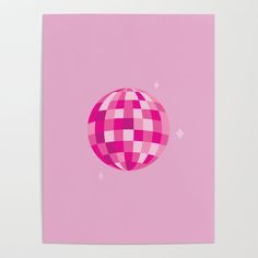 a pink poster with a checkered ball on it