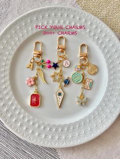 a white plate topped with lots of charms