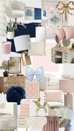 a collage of pink, blue and white decor with lots of gold accents on it