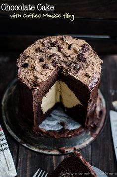 a chocolate cake is cut into pieces on a plate