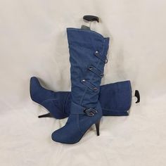 Party Mid-calf Heeled Boots, Fitted Mid-calf Party Boots, Trendy Knee-high Denim Boots, Trendy Denim Knee-high Boots, Fitted Denim Knee-high Boots, Party Mid-calf Boots, Fitted Mid-calf Boots For Party, Denim Blue Pointed Toe Party Boots, Party Denim Blue Pointed Toe Boots