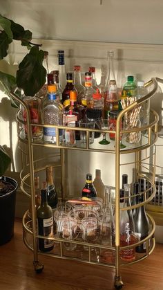 a bar cart filled with bottles and glasses on top of a hard wood floor next to a potted plant