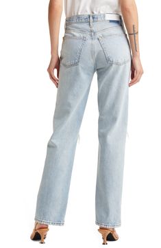 A high waist and a full-length inseam underscore the '90s-inspired style of these stylishly loose nonstretch jeans. 32" inseam; 17" leg opening; 12 1/2" front rise; 15" back rise (size 29) Button fly Five-pocket style 100% cotton Machine wash, tumble dry Made in Turkey Women's Clothing Trendy Straight Fit Full Length Jeans, 90s Relaxed Fit Wide Leg Jeans, 90s Wide Leg Relaxed Fit Jeans, 90s Style Relaxed Fit Wide Leg Jeans, Fitted Wide Leg Cropped Jeans In Rigid Denim, High Rise Relaxed Fit Flare Jeans In Rigid Denim, High Rise Relaxed Fit Flare Jeans, Straight Leg Pants With Frayed Hem, Spring Flare Jeans In Rigid Denim With Standard Cut