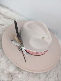 Neutral hat with a pop of the cutest pink bandana band wide brim fedora hat.   This hat is perfect for any cowgirl, country concert, girls trip or for that special occasion!   This hat has a pink bandana band with some layered ribbon, leather cording, and feather cluster along with the cutest cactus pin! There is custom stitching on the side and top brim for an extra special touch. This is a neutral color hat that can be matched to any outfit. This is a cream colored hat made of a polyblend. Thi Trendy Hats For Kentucky Derby Festival, Summer Rodeo Brimmed Felt Hat, Summer Rodeo Felt Hat With Brim, Summer Brimmed Felt Hat For Rodeo, Wide Brim Felt Hat For Summer Rodeo, Summer Felt Hat For Rodeo With Brim, White Hat Band For Spring Ranch Occasions, Kentucky Derby Flat Brim Fedora, White Hat Bands For Spring Ranch