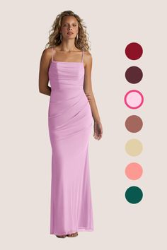 a woman in a long pink dress with different color swatches on the side and colors to choose from