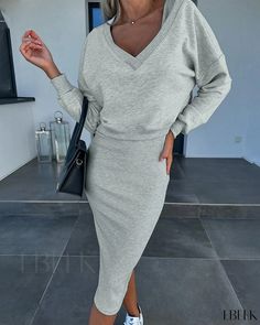 Ebeek - Chic Ensemble: V-Neck Long Sleeve Top and Sleeveless Dress Combination Gray Stretch V-neck Dress, Gray V-neck Dress, Stretch V-neck Gray Dress, Chic Gray V-neck Dress, V Neck Long Sleeve Top, One Shoulder Jumpsuit, Autumn Collection, Dress Set, Top Sleeveless