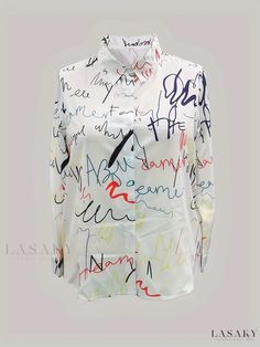 Lasaky - Plus Size Womens Casual Blouse: Graffiti Print, Long Sleeve, Button Up Lapel Collar Shirt Top Elegant Multicolor Tops With Graphic Print, Elegant Multicolor Graphic Print Top, White Graphic Print Button-up Blouse, White Button-up Blouse With Graphic Print, Spring Office Shirt With Graphic Print, Multicolor Office Shirt For Spring, Casual Multicolor Office Shirt, Spring Multicolor Office Shirt, Spring Office Multicolor Shirt