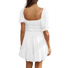 White Low Back Smocked Puff Sleeve Mini Dress Casual Smocked Dress With Square Neck, Casual Smocked Dress With Square Neck And Smocked Back, White Casual Smocked Dress With Square Neck, Casual White Smocked Dress With Square Neck, Fitted Puff Sleeve Dress With Smocked Bodice For Vacation, Casual Smocked Dress With Ruffles And Square Neck, Summer Smocked Dress With Puff Sleeves And Ruffles, Casual Flowy Square Neck Smocked Dress, Summer Solid Color Smocked Puff Sleeve Top