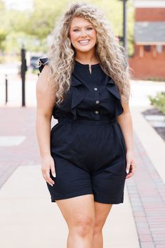 Chic Soul plus size clothing, black romper with ruffles and a cinched waistline Elegant Black Jumpsuits And Rompers For Day Out, Black Flirty Jumpsuits And Rompers For Summer, Black Sleeveless Flirty Jumpsuits And Rompers, Black Flirty Jumpsuit For Date Night, Flirty Black Jumpsuit For Date Night, Black Sleeveless Flirty Jumpsuit, Black Jumpsuits And Rompers For Day Out In Spring, Black Jumpsuits And Rompers For Spring Day Out, Black Jumpsuits And Rompers For Going Out