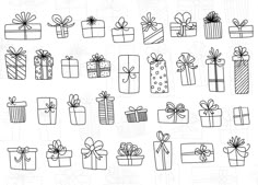 hand drawn gift boxes with ribbons and bows on them, all wrapped in black ink