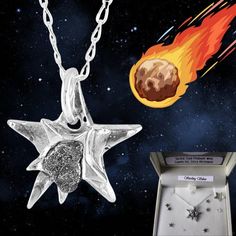 What could be more exciting than owning jewellery that contains a genuine piece of space debris?! This is a stunning  solid silver star meteorite pendant. It is handmade from pure silver and set with a fragment of  Campo Del Cielo iron meteorite. The Campo Del Cielo fall is a famous Octahedrite iron meteorite that fell in large amounts in Argentina between 4000-5000 years ago. The star measures 1.5cm across and it is strung from an 18 inch sterling silver curb chain. NB - This piece  you receive Comet Jewelry, Elegant Star-shaped Metal Necklace, Star-shaped Metal Necklaces For Gifts, Silver Star-shaped Metal Necklace, Space Debris, Circle Charm Necklace, Winter Gold, Paw Jewelry, Rosary Style Necklace