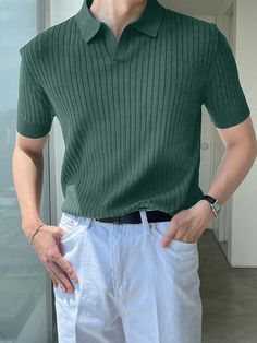 Men's Summer Solid Color Knitted Sweater Green Casual  Short Sleeve Fabric Plain  Slight Stretch  Men Clothing, size features are:Bust: ,Length: ,Sleeve Length: Green Outfit For Men, Mens Cottagecore, Green Outfit Men, Vacation Outfits Men, Mens Vest Fashion, Slim Fit Suit Men, Green Polo Shirts, Outfits With Converse, Elegant Man