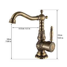 the brass faucet has an ornate design and is shown with measurements for each fauce