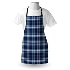 a blue and white plaid apron on a mannequin