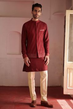 Maroon cotton silk bundi with thread embroidery. - Aza Fashions Maroon Nehru Jacket For Men, Cotton Nehru Jacket For Eid Puja, Cotton Nehru Jacket For Puja And Eid, Festive Cotton Kurta With Stand Collar, Festive Semi-formal Cotton Traditional Wear, Festive Cotton Nehru Jacket Straight Kurta, Cotton Bandhgala For Eid And Puja, Cotton Bandhgala For Puja And Eid, Cotton Nehru Jacket With Cutdana For Wedding