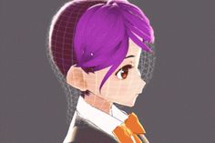 an anime character with purple hair wearing a suit and orange bow tie, standing in front of a gray background