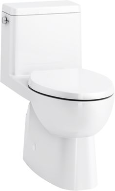 a white toilet with the lid closed and seat up, in front of a white background