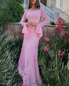 Flare Long Sleeve Back Lace Up Maxi Dress-Golden Atelier Flare Sleeve Dress Prom, Dress Korean Style Simple, Hijabi Dresses Soiree, Simple Fancy Dress, Long Dress Korean Style, Light Pink Maxi Dress, Long Dress Korean, Long Sleeve Floral Maxi Dress, Anime Lyrics