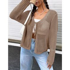 Elevate your summer style with the KOJOOIN Women's Lightweight Crochet Cardigan, a perfect blend of elegance and comfort. This chic tie-front shrug is crafted from a soft and breathable mix of 89% Viscose and 11% Nylon, ensuring a comfortable fit that moves with you.

- **Material:** 89% Viscose, 11% Nylon
- **Size:** S (fits US sizes 4-6)
- **Color:** Brown
- **Gender:** Female
- **Features:**
  - **Crochet Detailing:** Adds a bohemian touch to any outfit.
  - **Tie Front Closure:** Offers adju Beige Summer Cardigan For Vacation, Beige Summer Vacation Cardigan, Beige Open Knit Summer Cardigan, Beige V-neck Cardigan For Summer, Beige V-neck Summer Cardigan, Summer Beige Knit Cardigan, Open Knit Summer Cardigan For Vacation, Open Knit Summer Vacation Cardigan, Open Front Non-stretch Vacation Cardigan