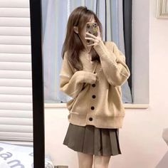 Size: L, Color: Set Korean Cardigan Style, Korean Cardigan, Cute Kawaii Outfits, Brown Pleated Skirt, Baggy Outfit Ideas, Khaki Sweater, Lazy Style, Cozy Winter Outfits, Cardigan Style