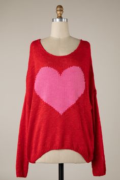 Heart Sweater Oversized Heart Print Casual Tops, Casual Oversized Heart Print Tops, Oversized Heart Print Sweater For Fall, Oversized Heart-shaped Sweater For Winter, Cute Heart Graphic Sweater For Fall, Cute Red Spring Sweater, Trendy Long Sleeve Valentine's Day Sweater, Trendy Long Sleeve Sweater For Valentine's Day, Trendy Red Heart Sweater