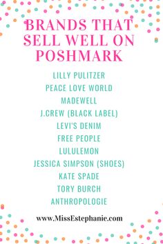 the words brands that sell well on poshmark are in pink, green and blue