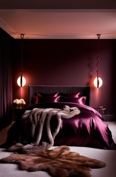 a bedroom with purple walls and fur on the floor