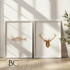 two framed pictures with deer heads and fish on them