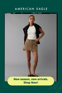 Leopard print/5-pocket styling/Zip fly/Button-up front Casual Skort For Workwear In Spring, Casual Spring Skort For Workwear, Casual Fall Skort For Workwear, Casual Short Skort For Fall, A Line Mini Skirt, Low Rise, American Eagle Outfitters, Women's Jeans, Mini Skirt