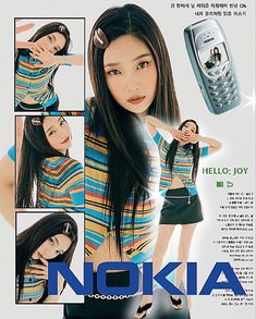 an advertisement for a cell phone that is not in english or korean language, featuring a girl with long black hair