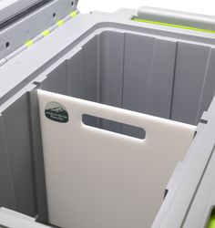 an open storage container with two doors and a handle on the bottom that has a green sticker in it